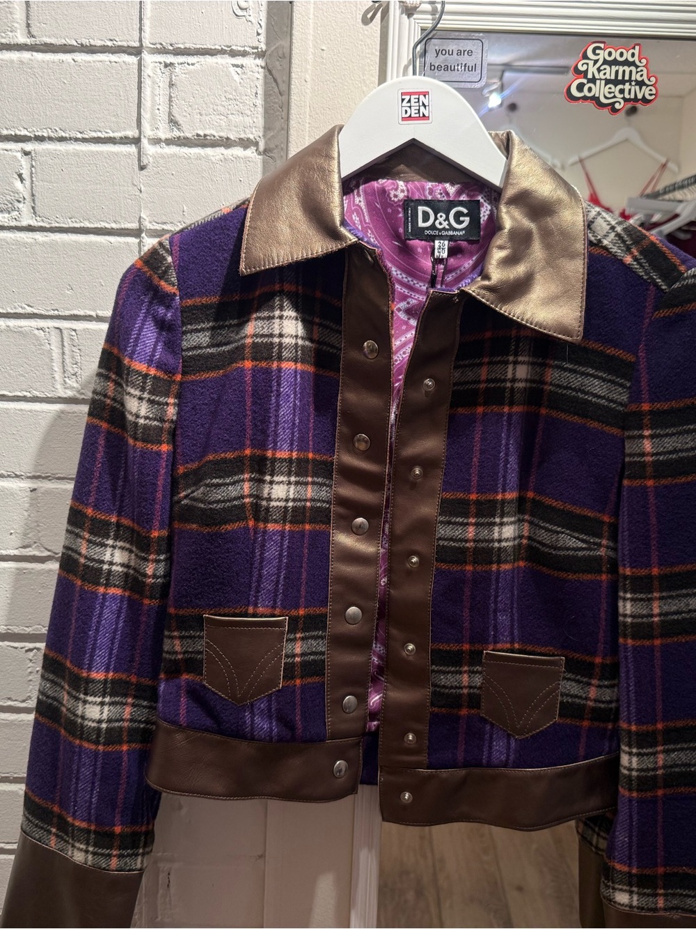 D&G Purple Plaid Wool Jacket with Brown Leather Trim